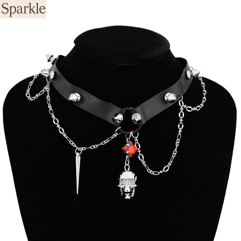 Goth Punk Spike Choker - 다크 스컬 가죽 초커, Y2K 헤비듀티