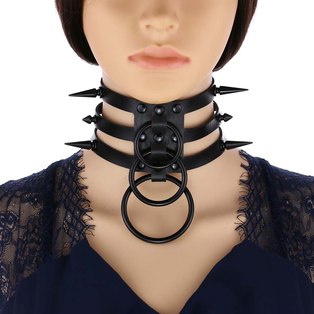 Goth Punk Spike Choker - 남녀공용 블랙 리벳 가죽 본디지 초커