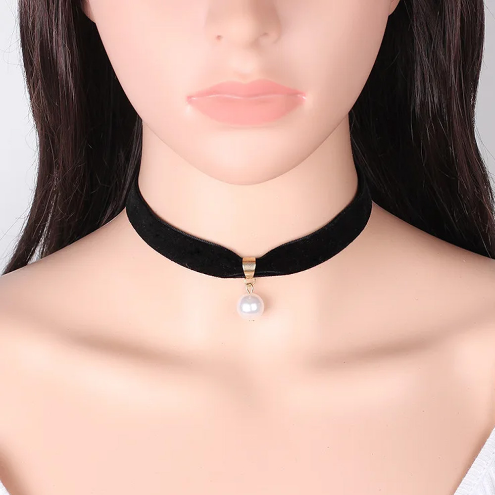 Pearl Choker Necklace Vintage - 심플 빈티지 진주 초커 짧은 블랙
