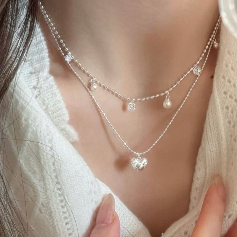 Layered Pendant Necklace Aesthetic - 이중 레이어 실버 비즈 초커, 작은