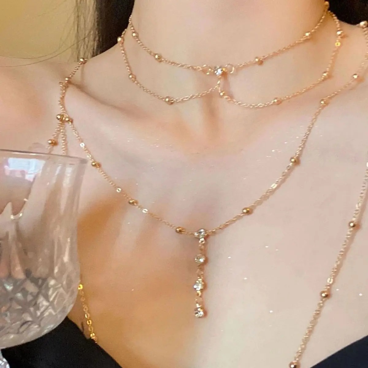Layered Pendant Necklace Aesthetic - 여성용 섹시한 미적 다층 스파클링 라인스톤