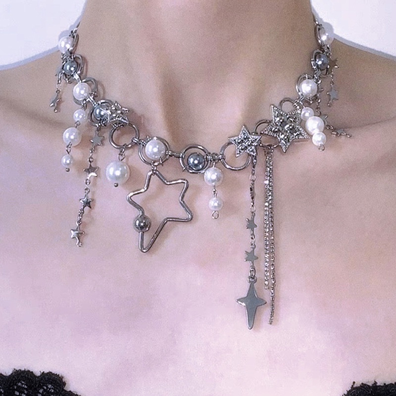 Pearl Choker Necklace Vintage - Y2K 쥬얼리 진주 접합 스타 체인
