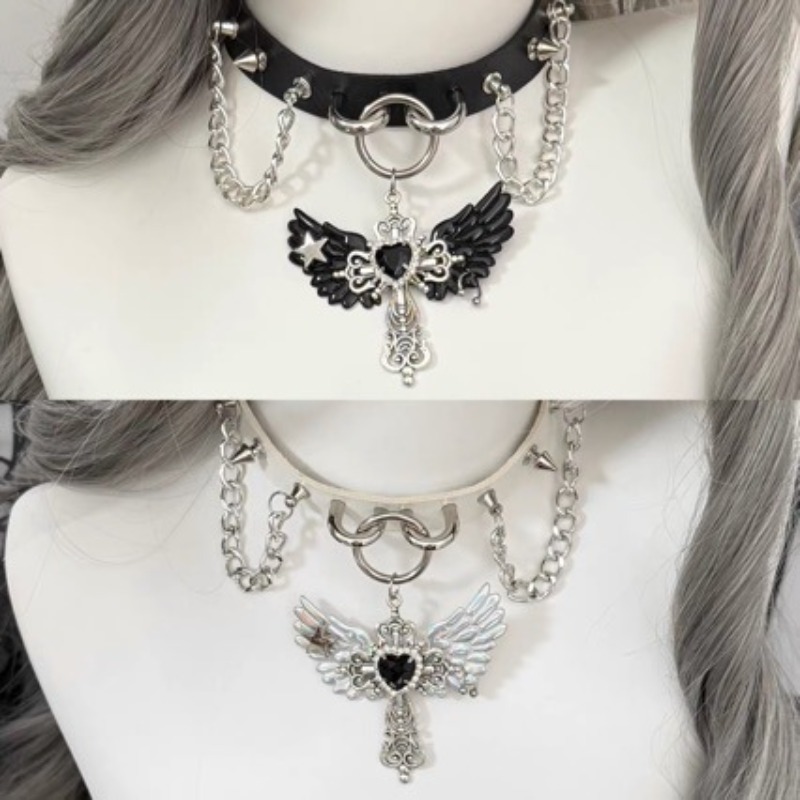 Layered Pendant Necklace Aesthetic - 고딕 서브컬쳐 엔젤 윙 크로스 펜던트