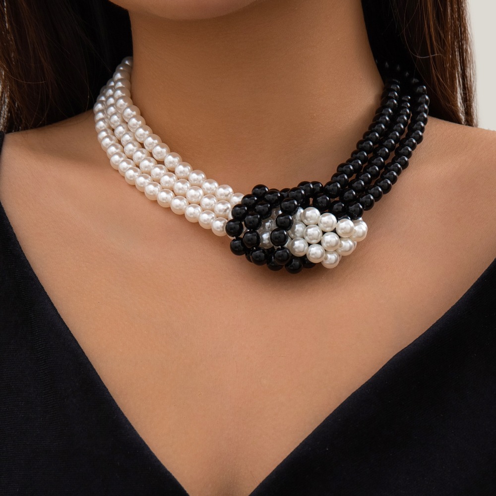 패션 레트로 블랙 화이트 스티칭 매듭 멀티 레이어 인조 - Pearl Choker Necklace Vintage 리뷰 및 가격