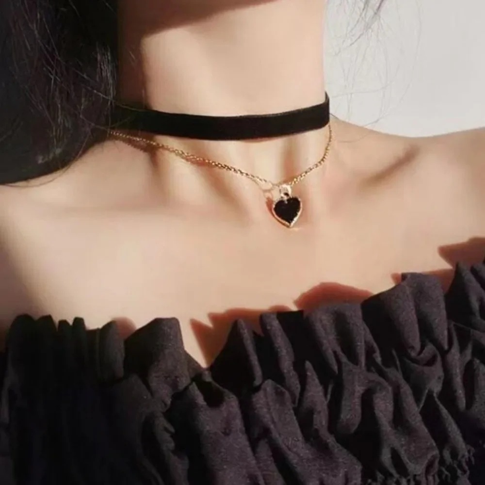 멀티 레이어 블랙 피치 하트 펜던트 초커, 여성 소녀들 - Layered Pendant Necklace Aesthetic 리뷰 및 가격
