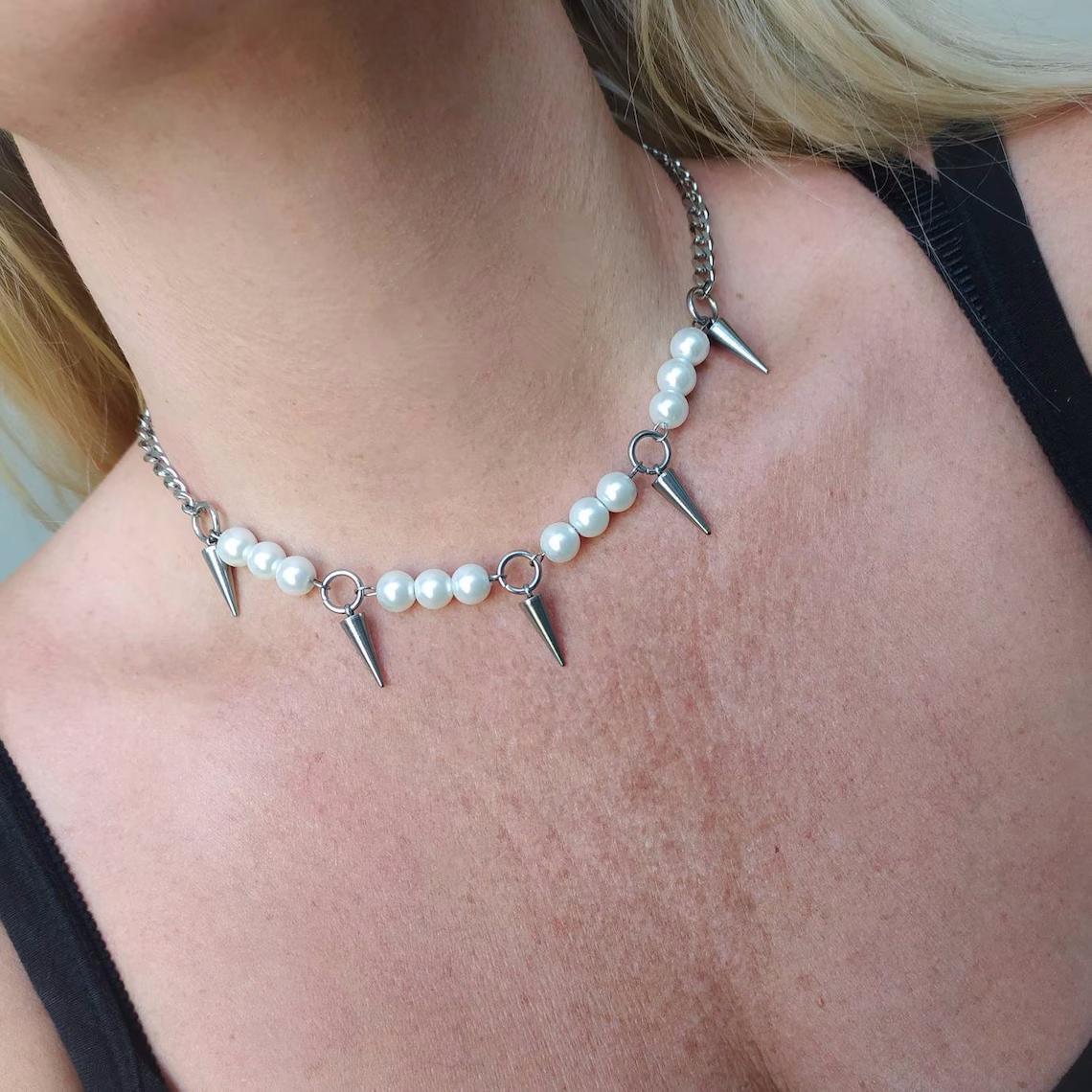 Egirl 진주 스파이크 목걸이 DIY 디자인 한국어  - Goth Punk Spike Choker 리뷰 및 가격