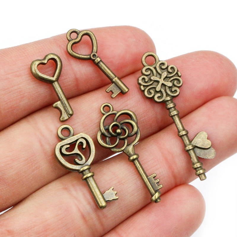 40pcs 키 매력 펜던트 골동품 청동 도금 금속 레트 - Heart Locket Necklace Photo 리뷰 및 가격
