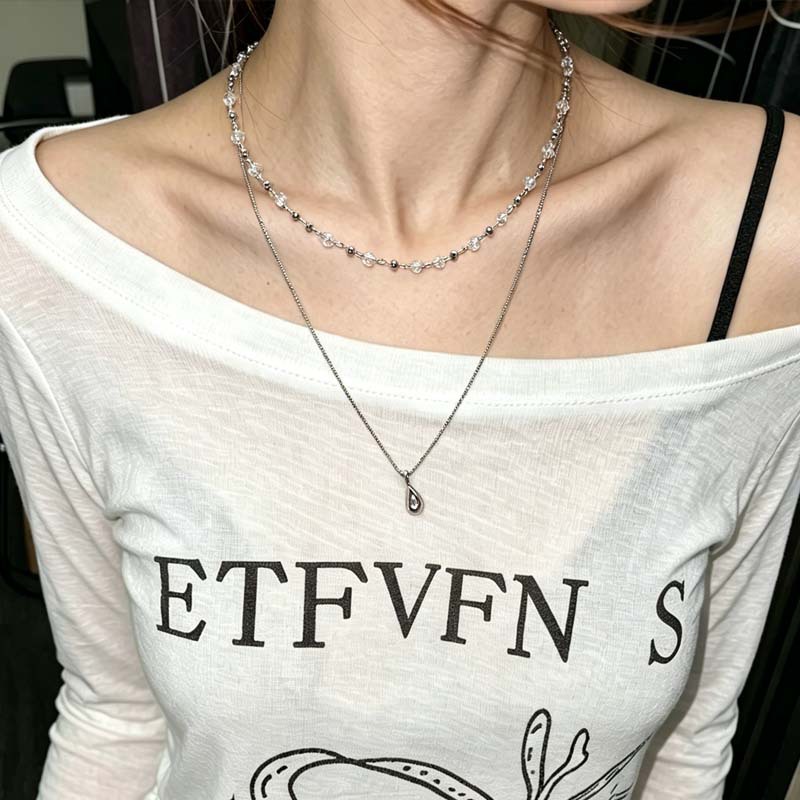 새로운 패션 물방울 펜던트 더블 레이어 투명 크리스탈  - Layered Pendant Necklace Aesthetic 리뷰 및 가격