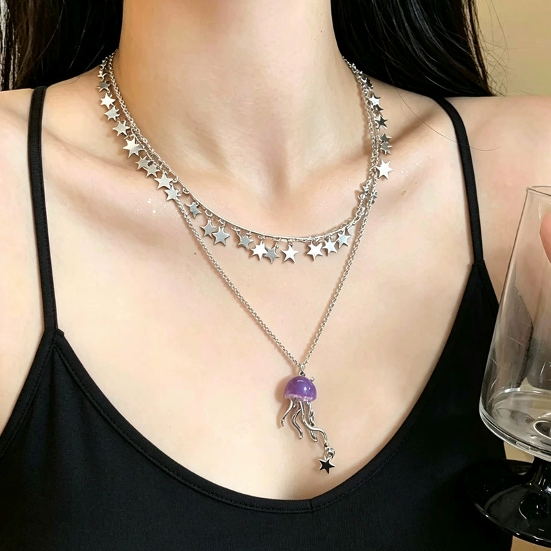 귀여운 보라색 해파리 오션 스타 펜던트 더블 레이어 초 - Layered Pendant Necklace Aesthetic 리뷰 및 가격